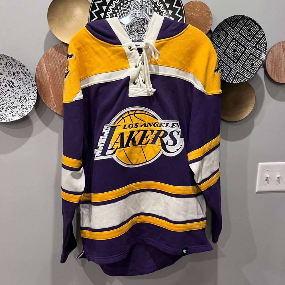 47 Brand NWOT Los Angeles Lakers NBA Hockey Jersey Lace Up Hoodie Medium